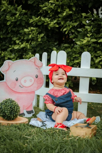 a small child in blue is posing with a pig