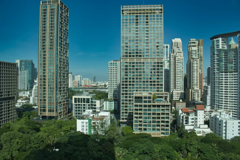 a city skyline is shown from a bird - eye view