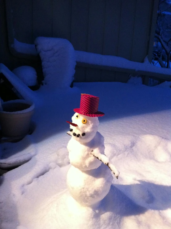 snowman in red hat standing up on a porch covered in snow