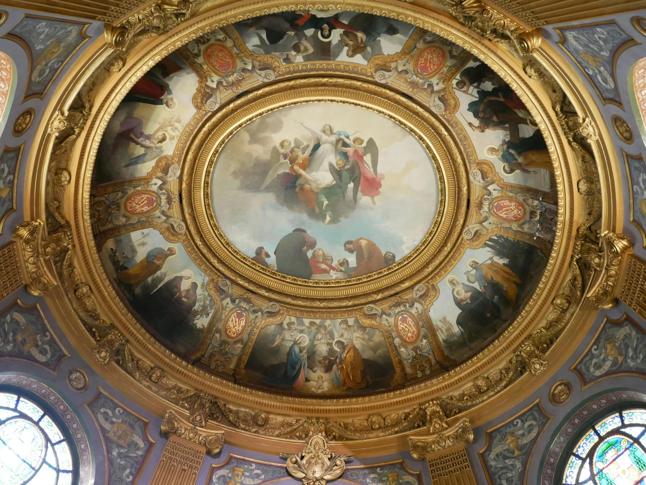 this is a beautiful painting on a large ceiling in a church