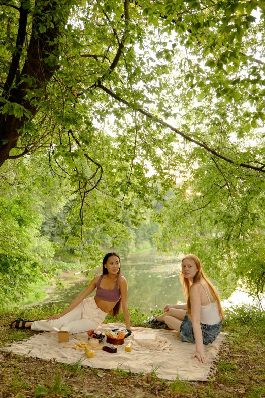 two women are sitting under the shade of the trees on the lawn