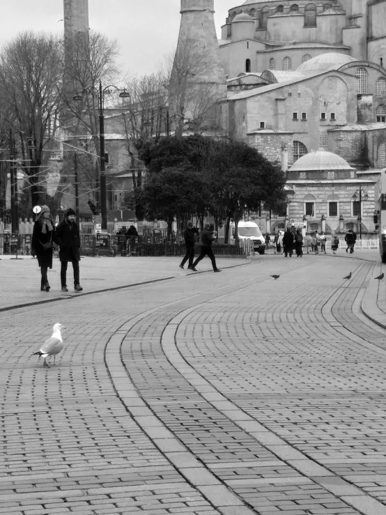 black and white image of people standing in the middle of the park