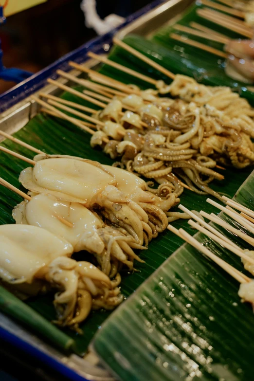 a closeup view of a long line of foods on sticks