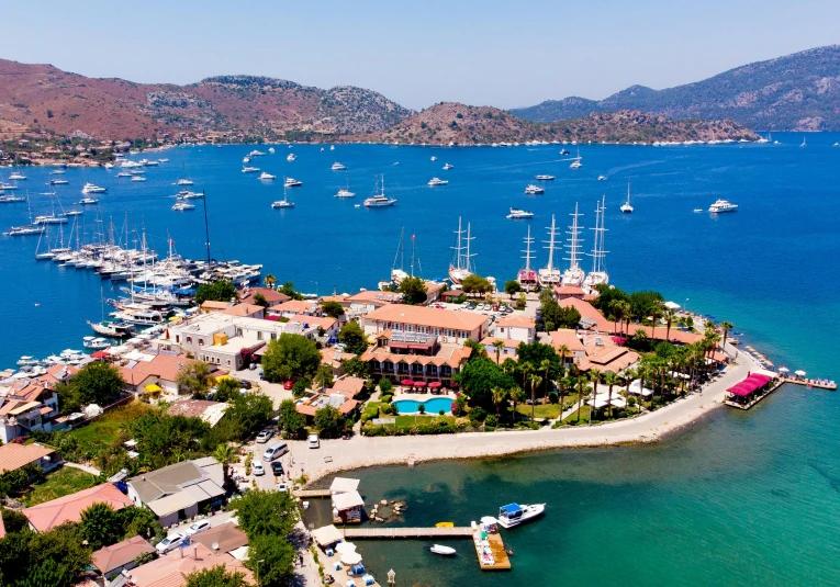 an aerial s of the water and dock at a resort