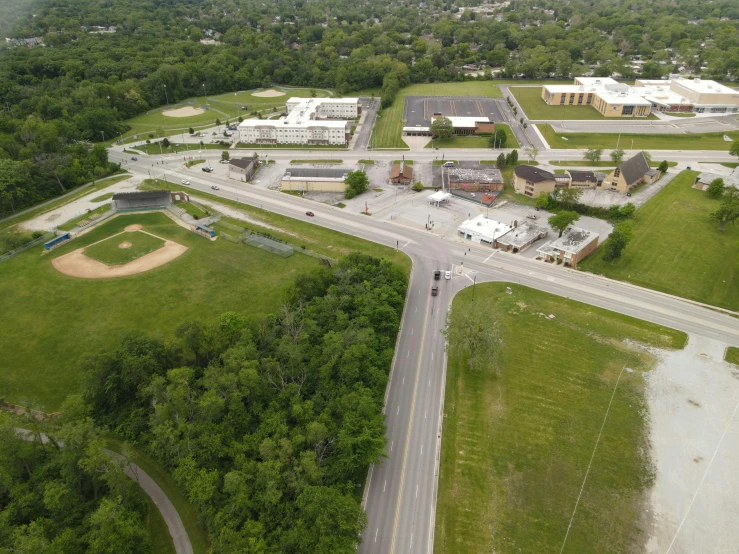 the aerial view of a city park with many roads