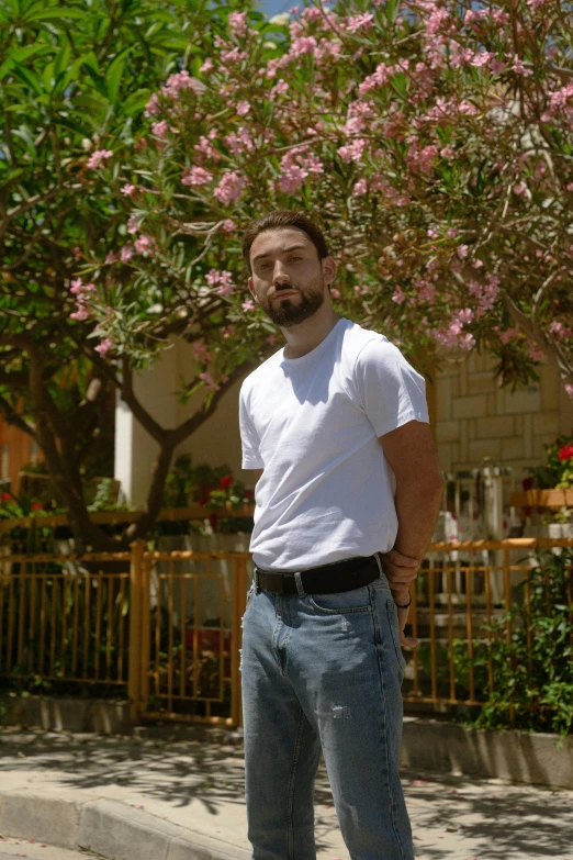 a man standing in front of a pink tree