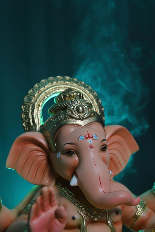 a painted small elephant statue sitting in a room