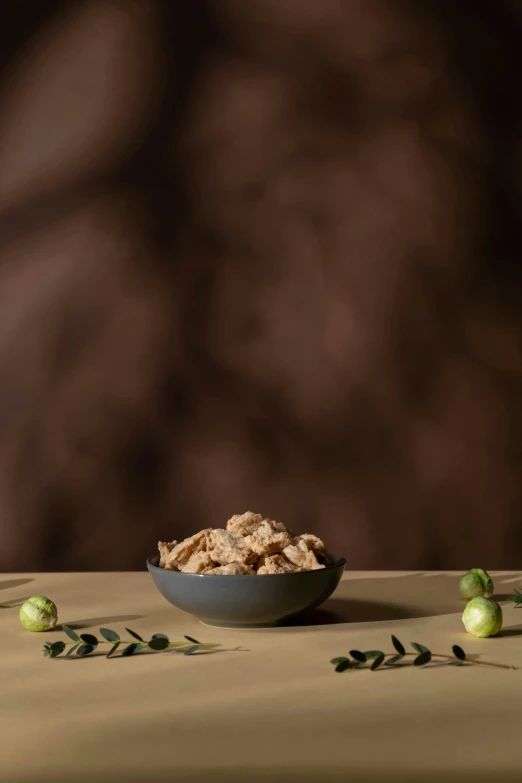 a bowl filled with cereal next to some apple halves