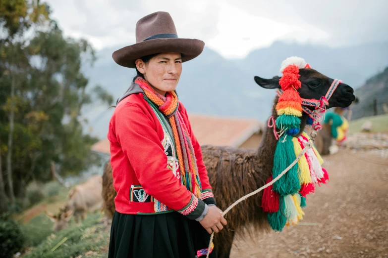 a person wearing a hat stands next to a llama