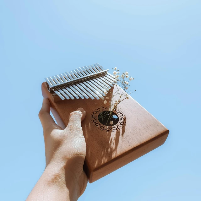 a person holding a metal comb up to a sky