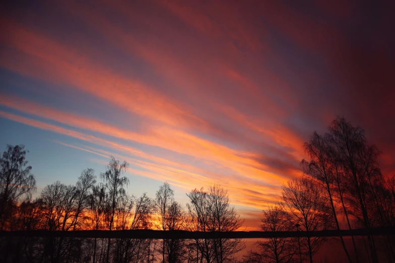 a sunset is over a lake with a bunch of trees