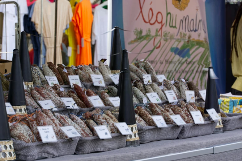 baskets of goods at a stand selling vegetables