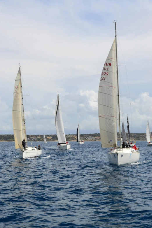 small sailboats in open blue water with a cloudy sky