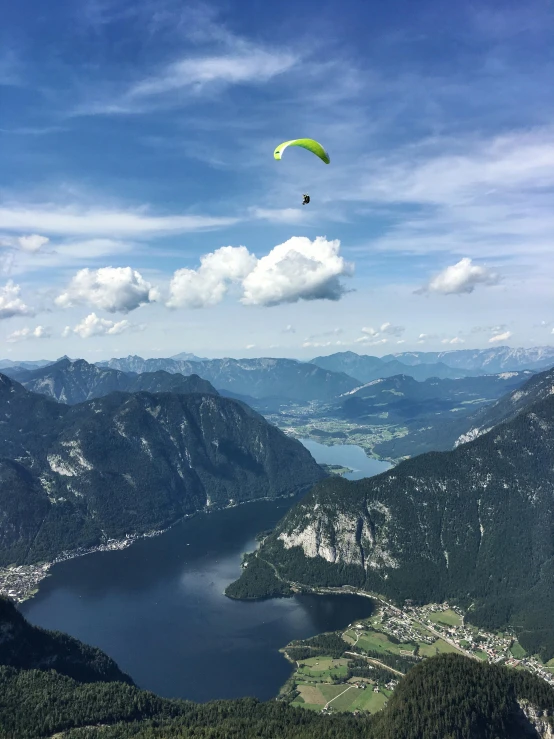 a paraglider flying over a large lake in the mountains