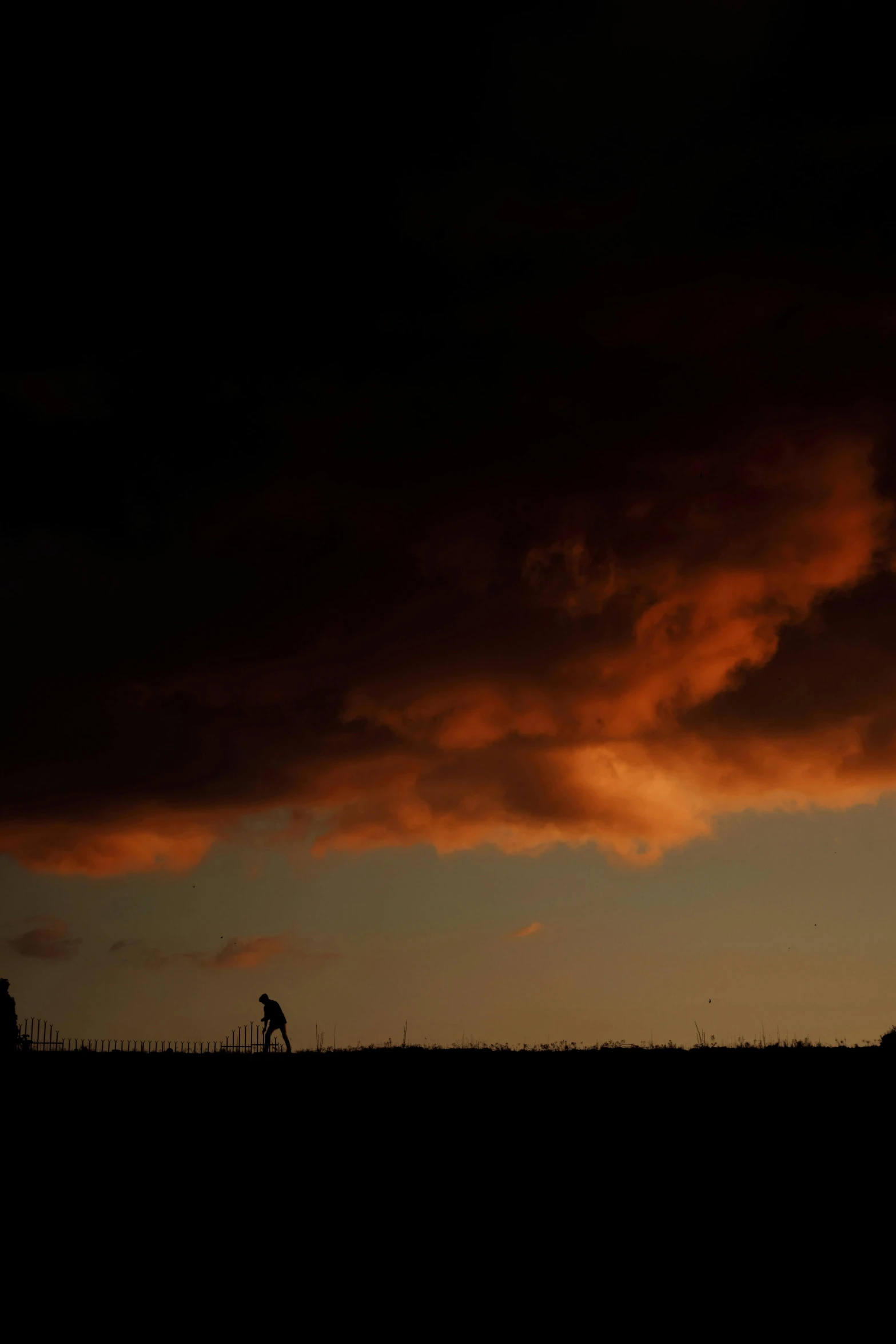 two people walking along the edge of a field at sunset