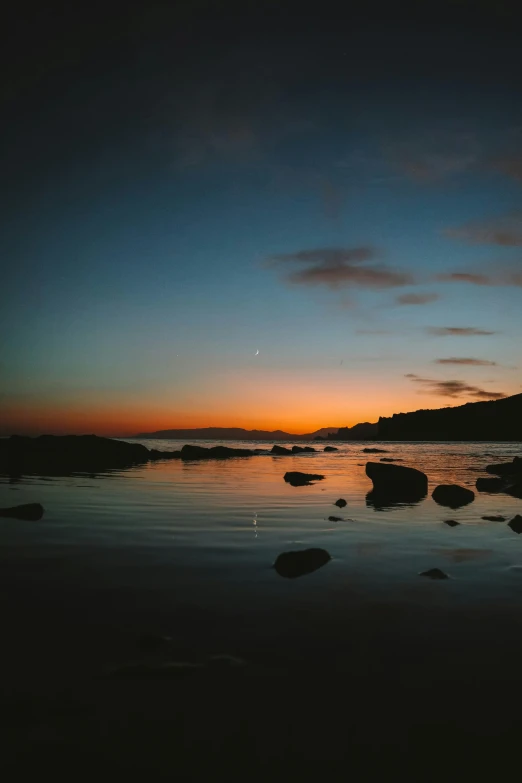 a calm lake during the evening with rocks and water