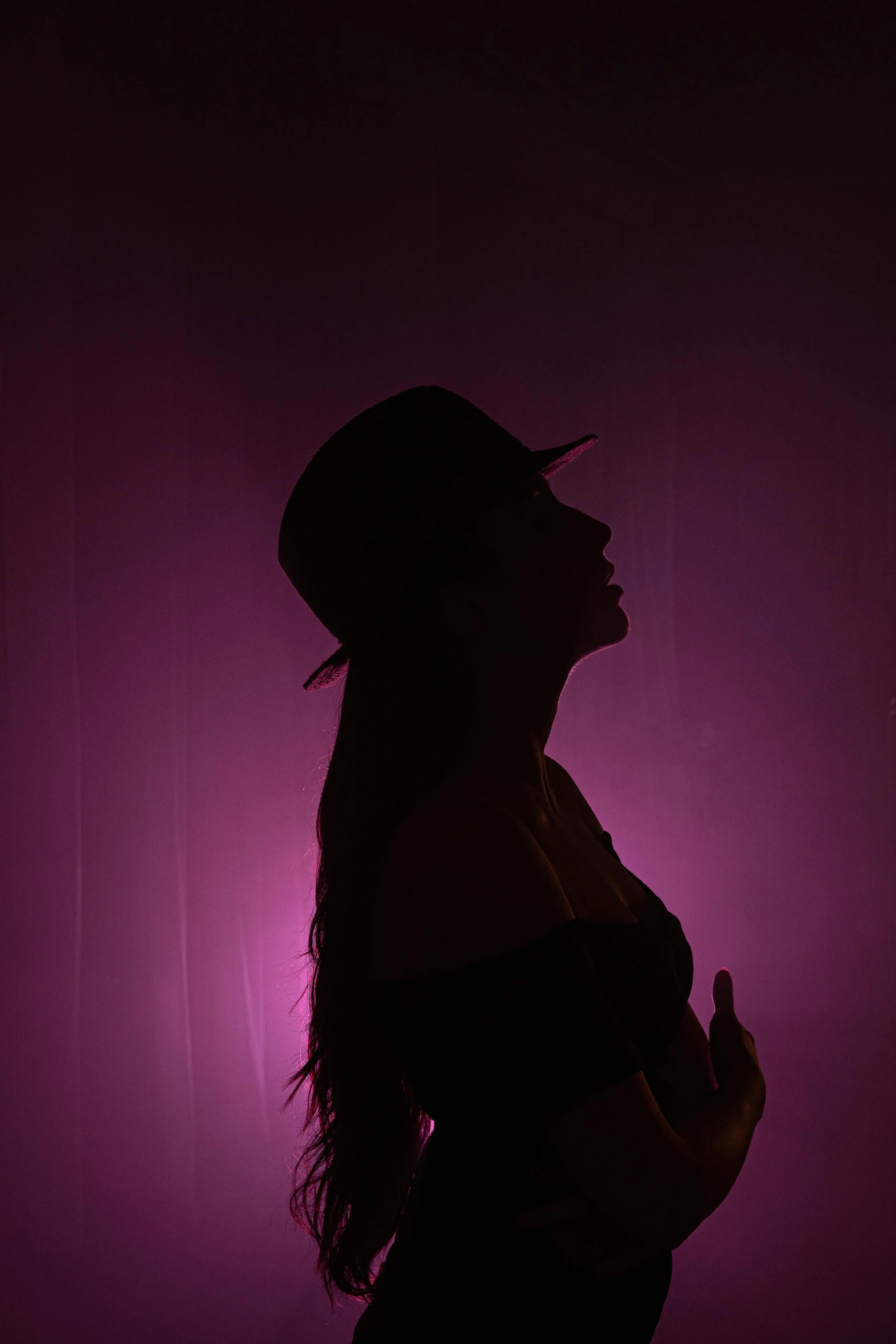 a woman with long hair in a black dress and hat stands in silhouette