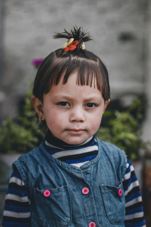 a little girl wearing a denim jacket and flowered hair clips