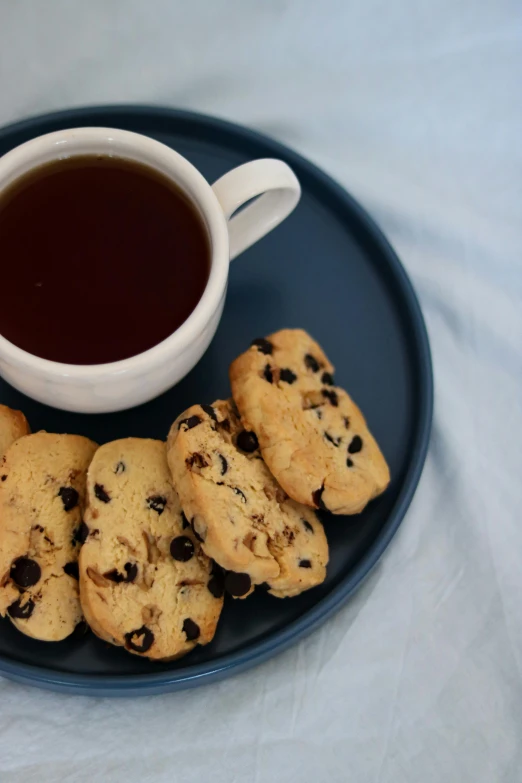 chocolate chip cookies and cup of coffee on a plate