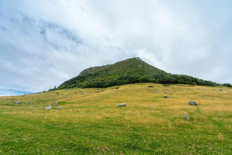 a mountain surrounded by lush green grass under a cloudy sky