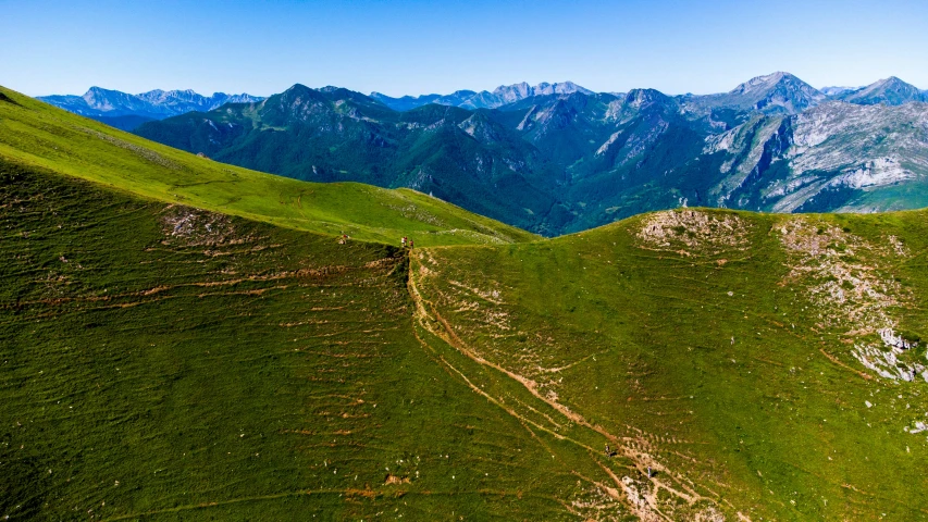 this is a grassy field in front of a large mountain