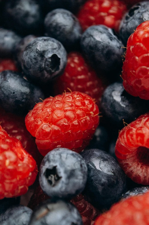 blueberries, raspberries and raspberry sauce on a bed