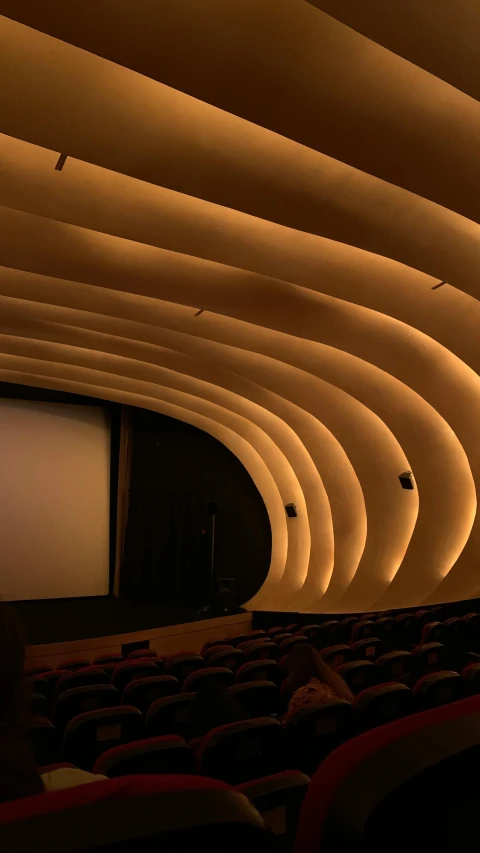 an auditorium with a very large screen and red seats