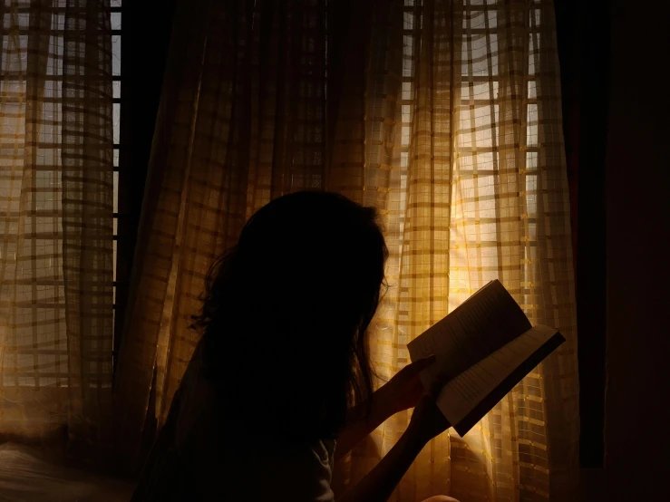 the silhouette of a person reading a book