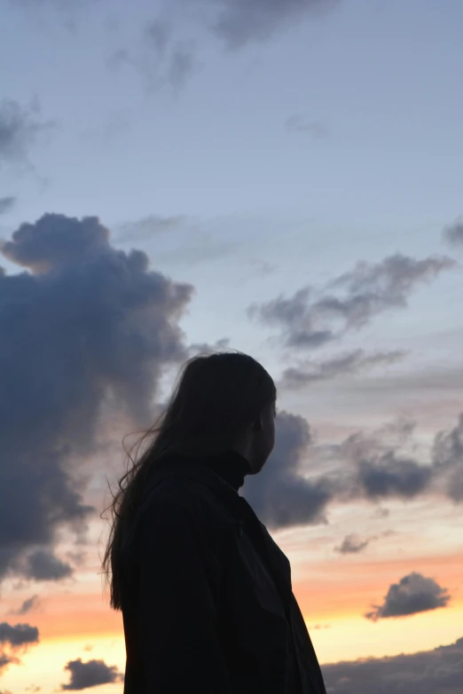 a man with long hair staring at the sky at sunset