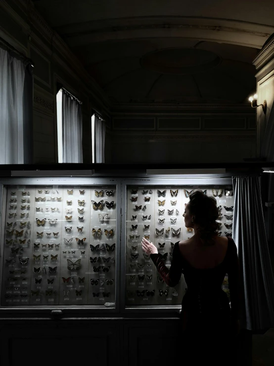 a woman looking through glasses at multiple pairs of erfly - shaped objects