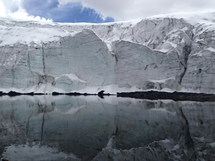 a group of snow covered mountains reflected in a lake