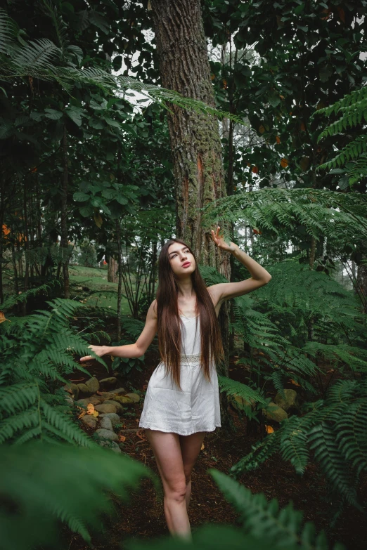 a woman in white dress standing in woods with trees and plants