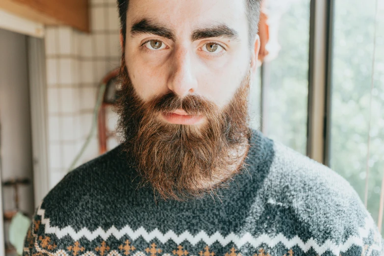 a man with a beard wearing a sweater