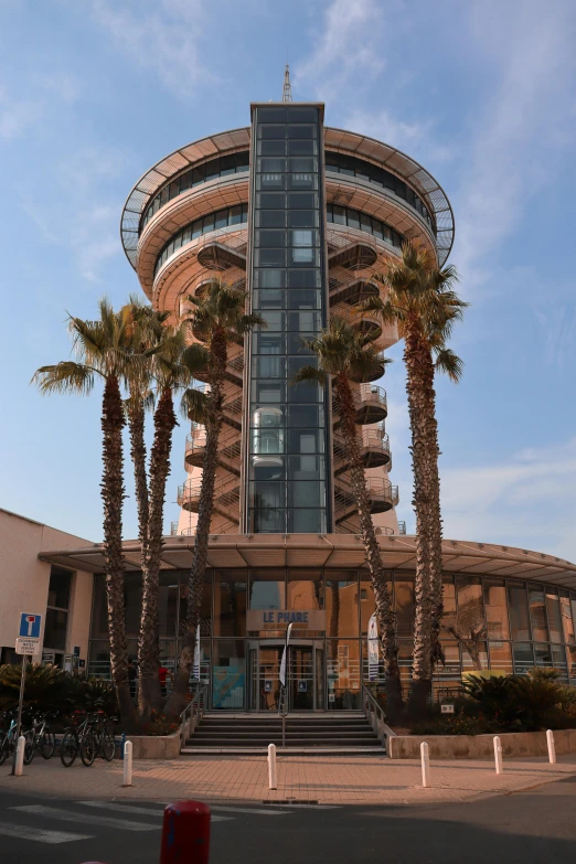 there are two palm trees and a large building