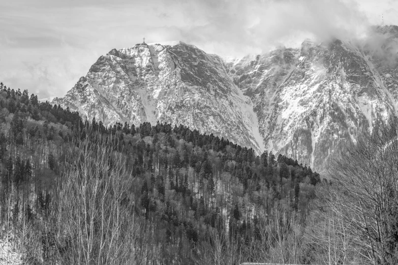 the mountains are surrounded by snow and evergreen trees