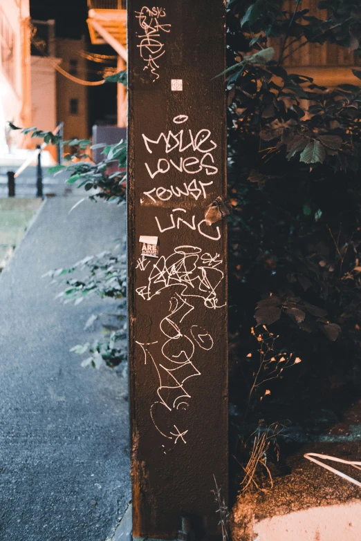 graffiti written on the side of a street pole