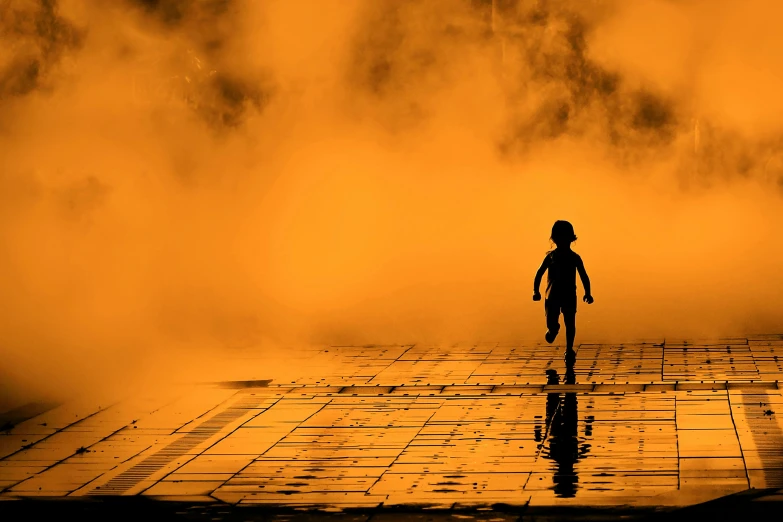 a  is walking across a tiled floor in the smoke