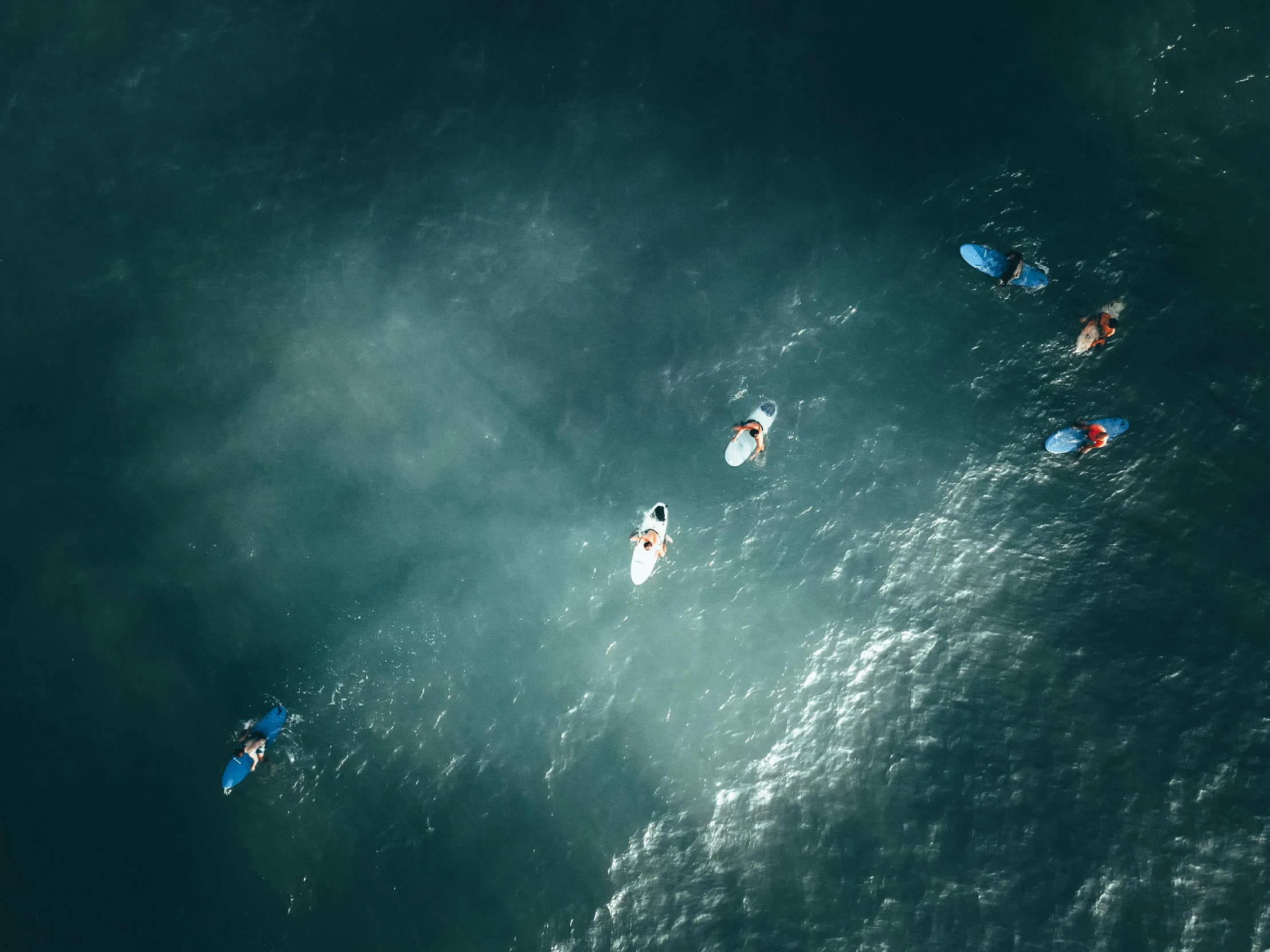 five people riding surfboards on top of the ocean