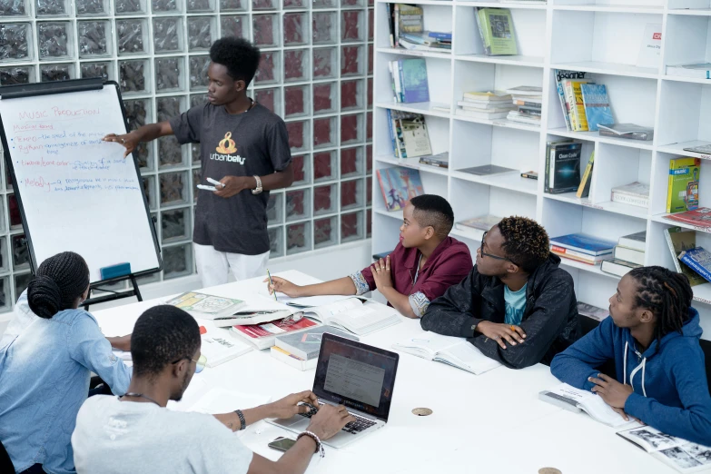 several people around a whiteboard in an open room