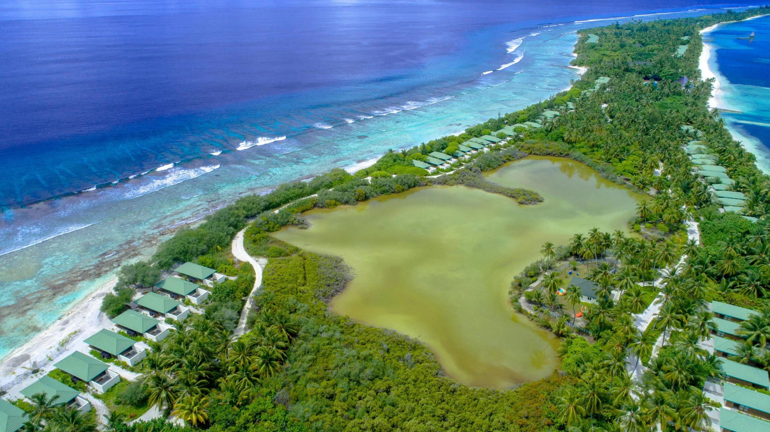 the aerial view of a tropical beach and lagoon