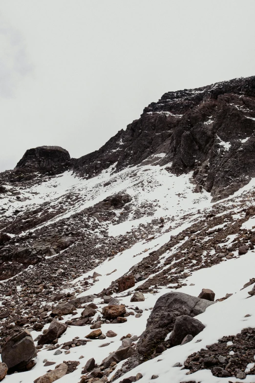 a rocky hillside covered with snow next to an icy mountain