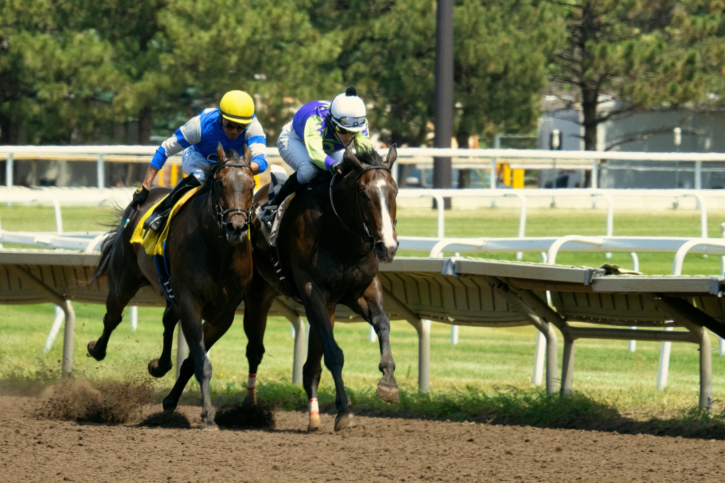 two men racing horses on a dirt track