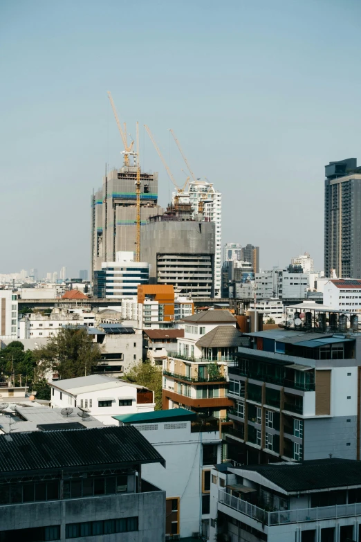 a skyline of tall buildings and lots of cranes