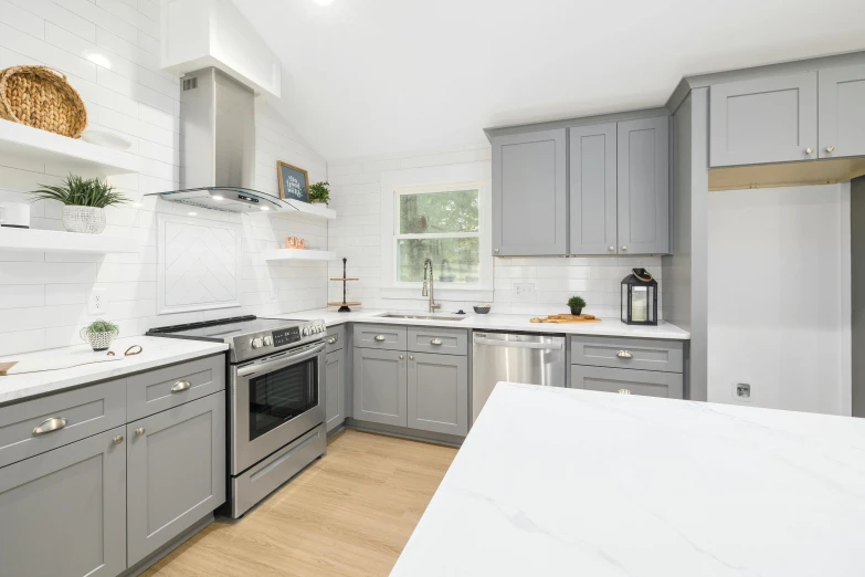 modern gray cabinets in kitchen with wooden flooring