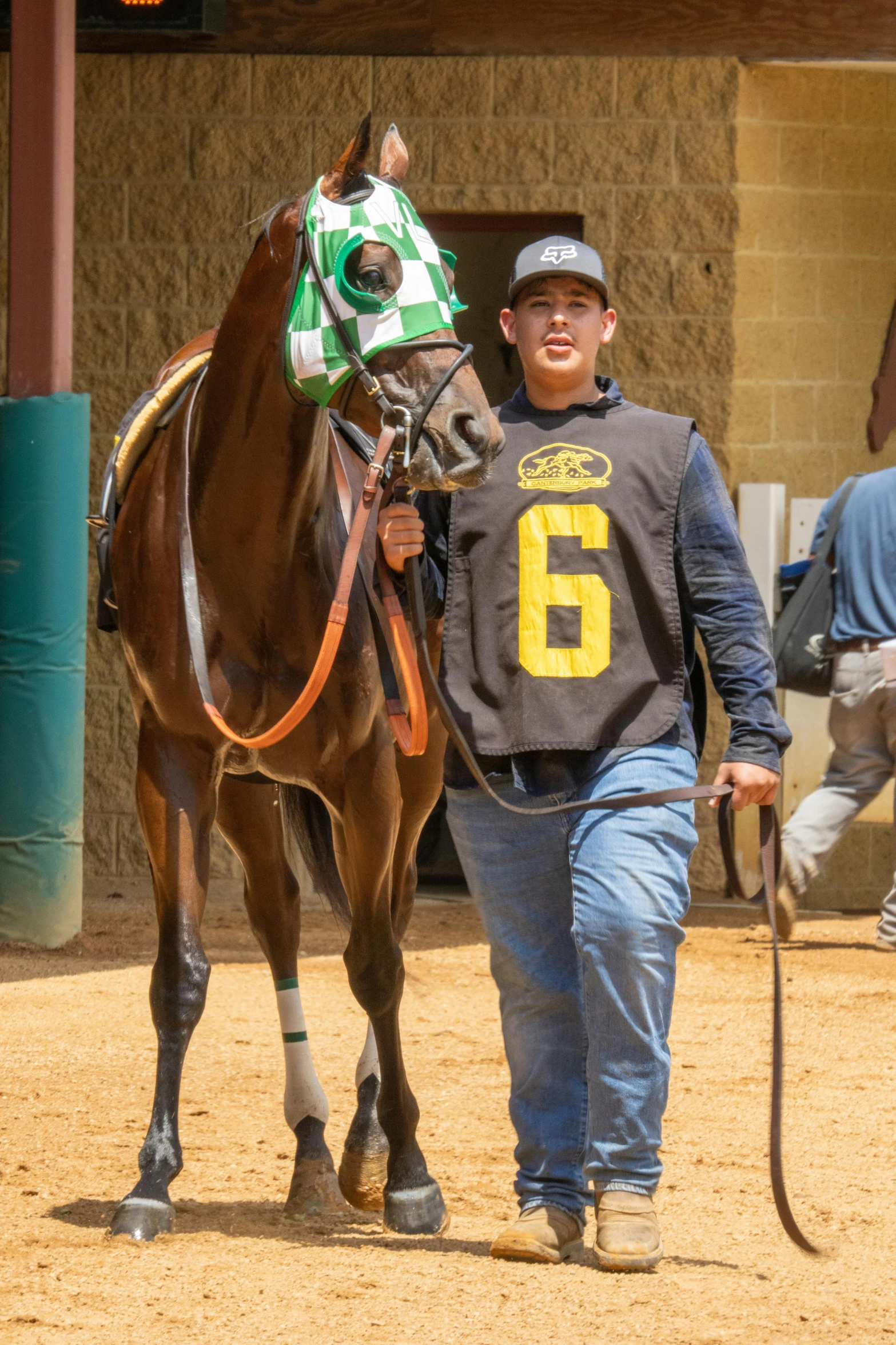 a man with a baseball jersey and a horse