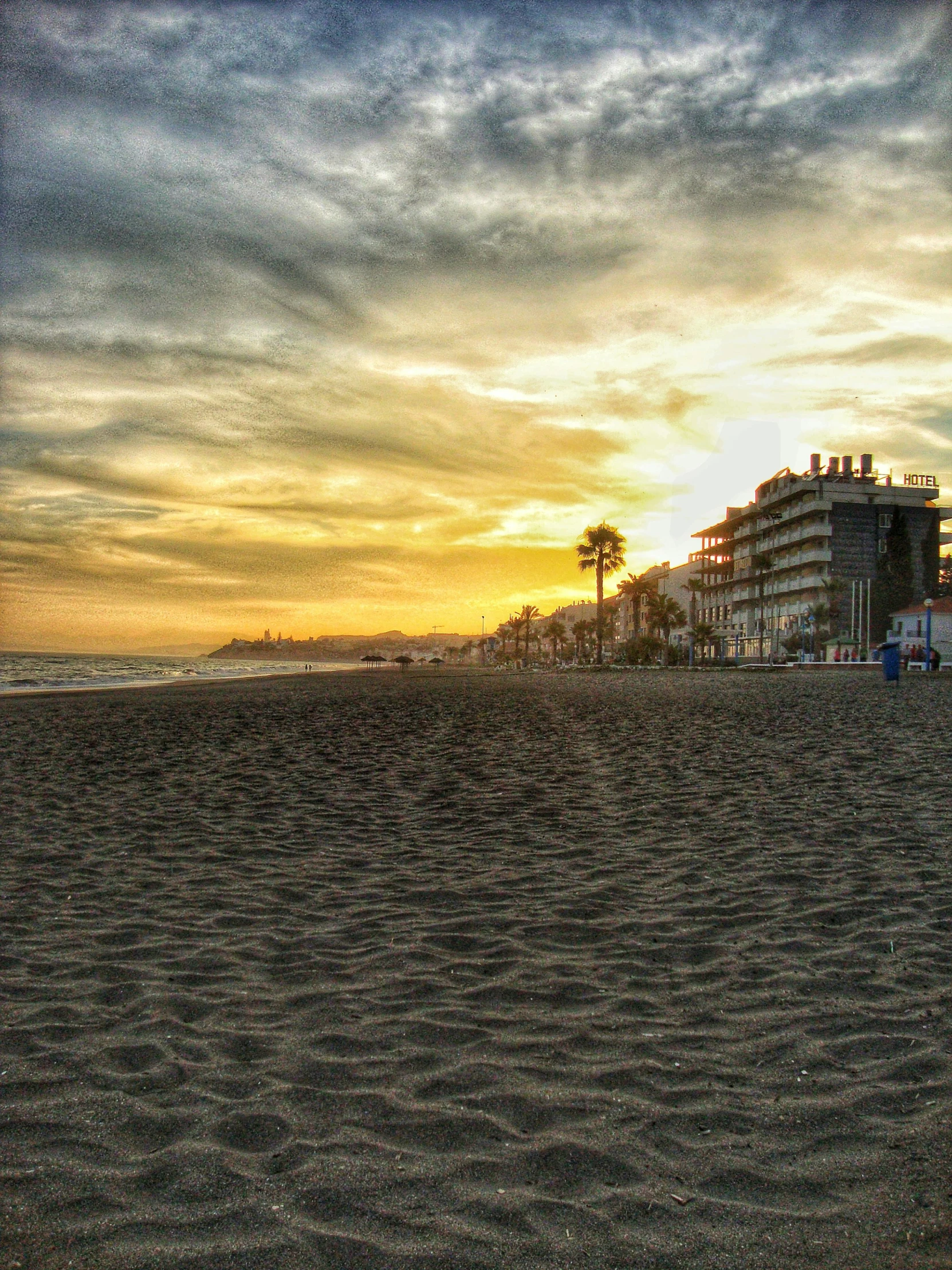 people on a beach during sunset and palm trees