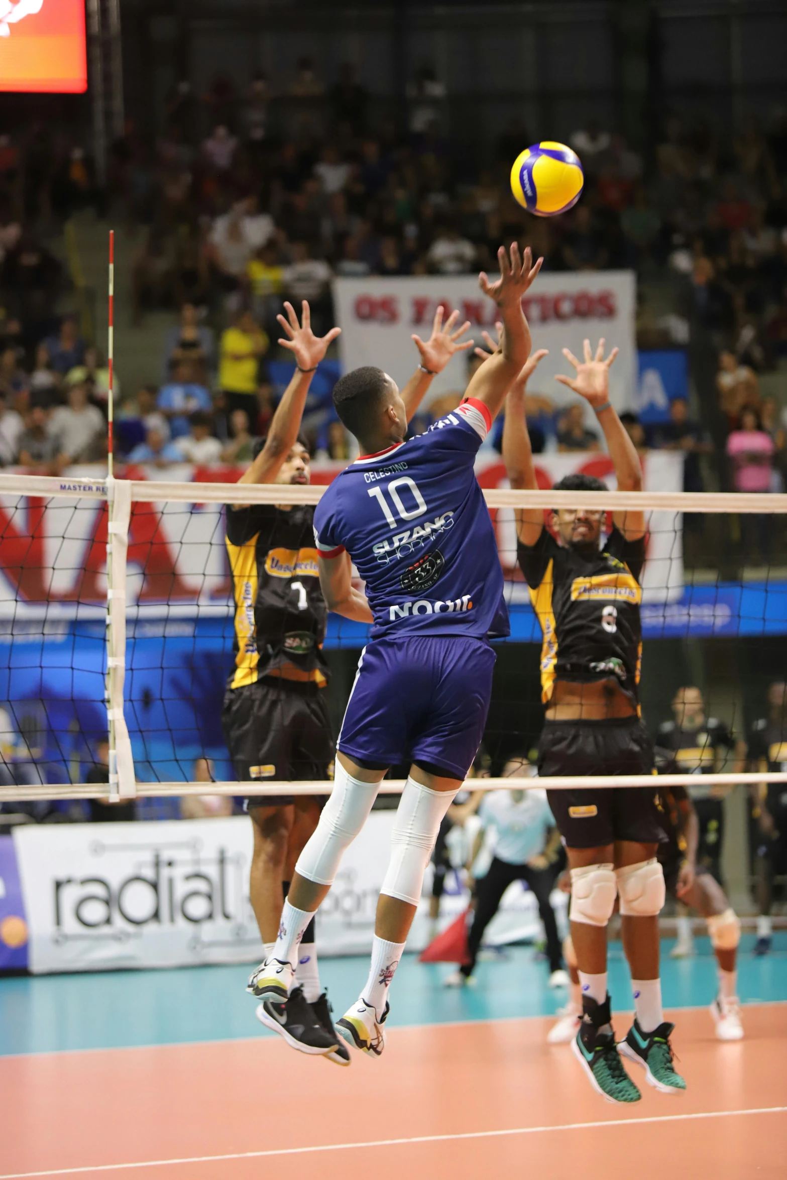 two men are playing volleyball as a crowd watches
