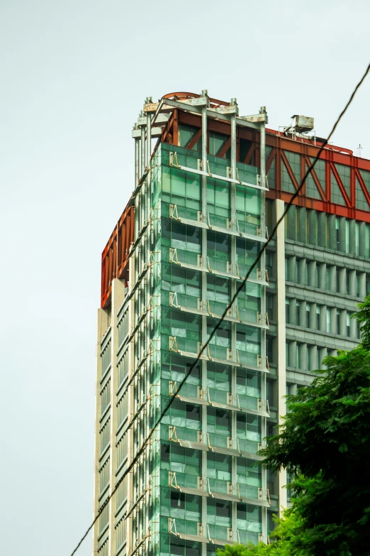 the sky line is below the tall building's windows