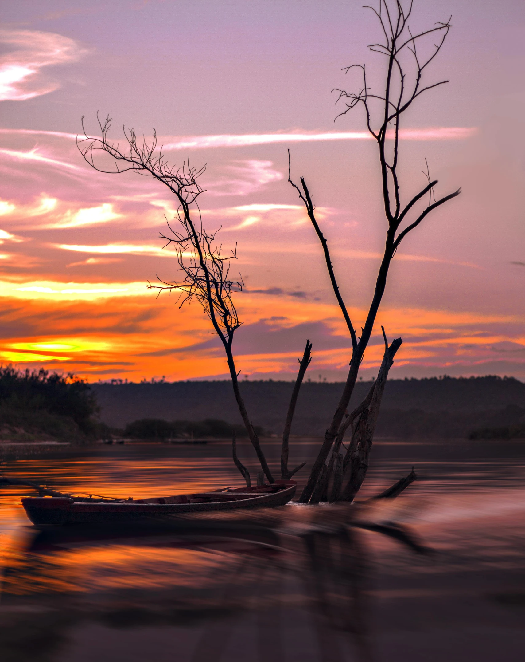 a boat and some trees on the water at sunset