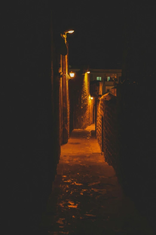 narrow alley way illuminated with street lamps at night